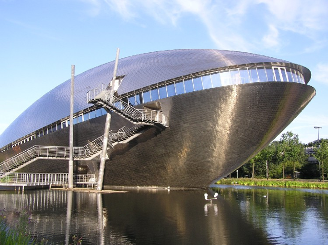 Whale-shaped building made out of stainless steel