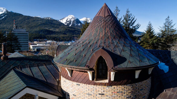 weather diamond copper shingles on turret roof