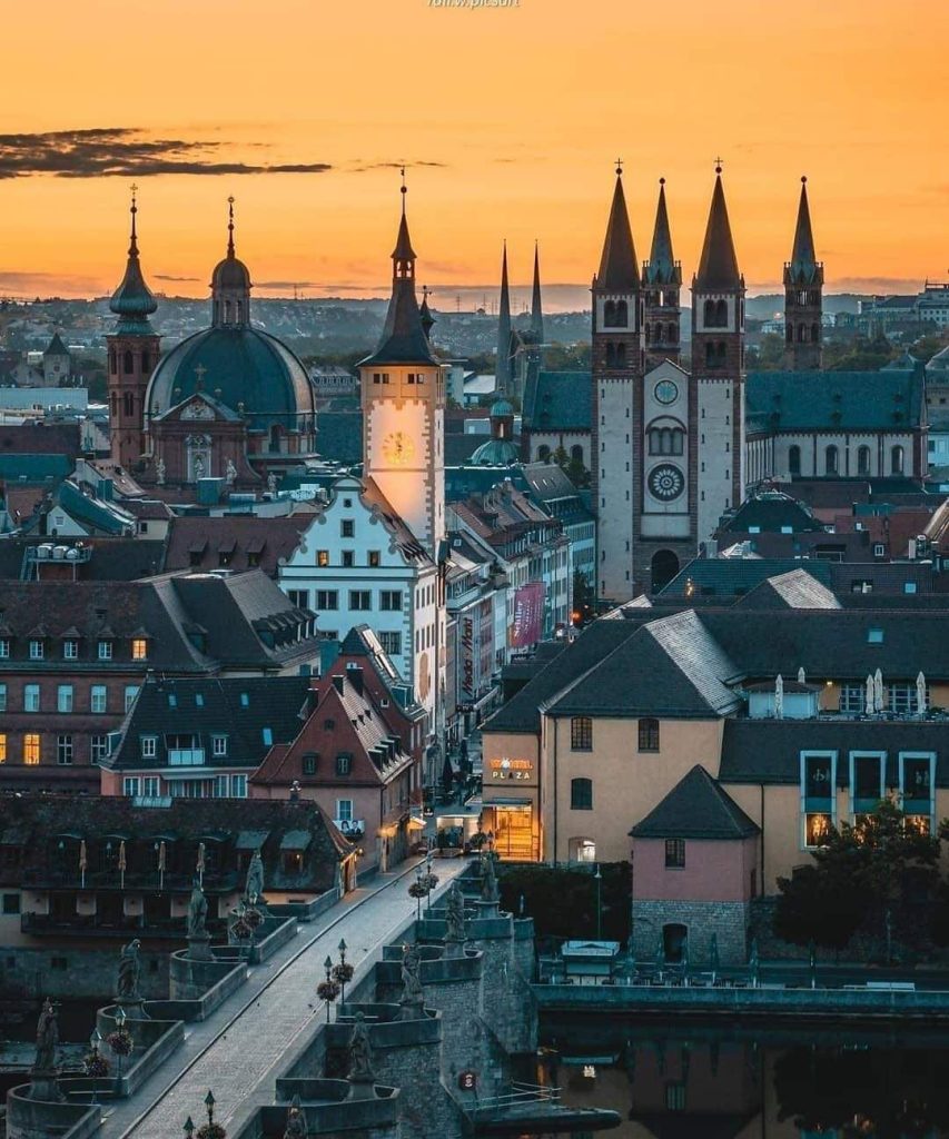 Wurzburg turrets silhouetted in the setting sun