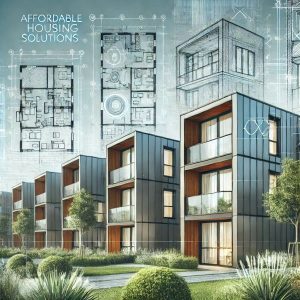 A modern affordable housing complex showcasing stylish metal cladding, surrounded by greenery. The image includes architectural sketches in the background, with overlay text that reads 'Affordable Housing Solutions' and 'Innovative Designs with Metal Cladding for Sustainable Living.
