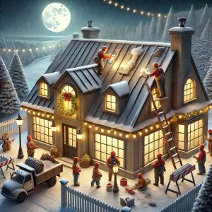 Festive holiday construction scene with builders consulting plans on a snowy metal roof installation under a full moon.
