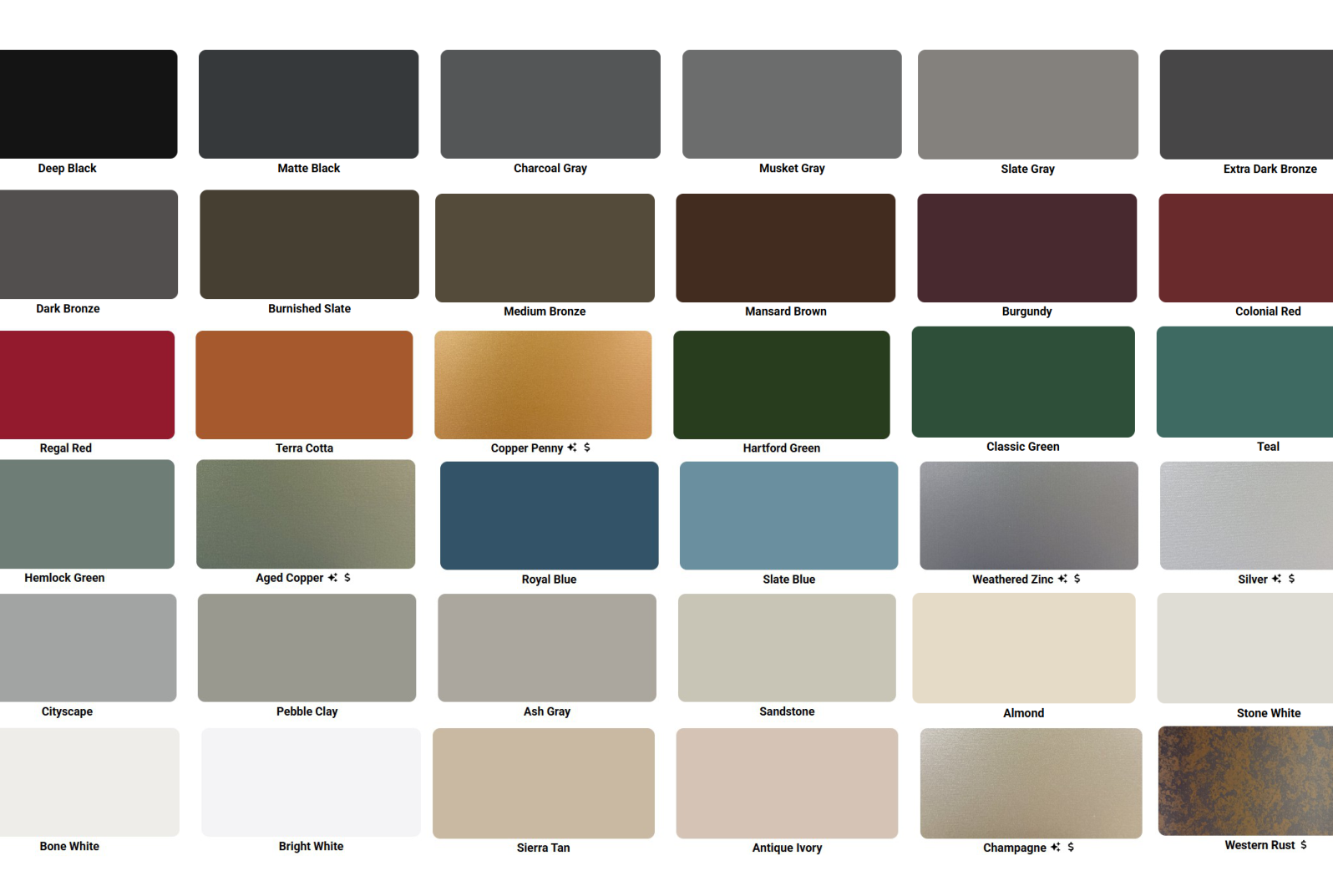 Standard PVDF Kynar 500 color swatches for Florida NOA diamond shingle, inland applications